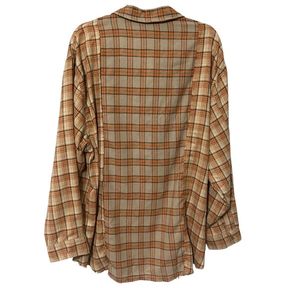 Papermoon Flannel Shirt Top Size Large Tan & Orange Mixed Plaids Raw Edges NWT - Picture 5 of 9